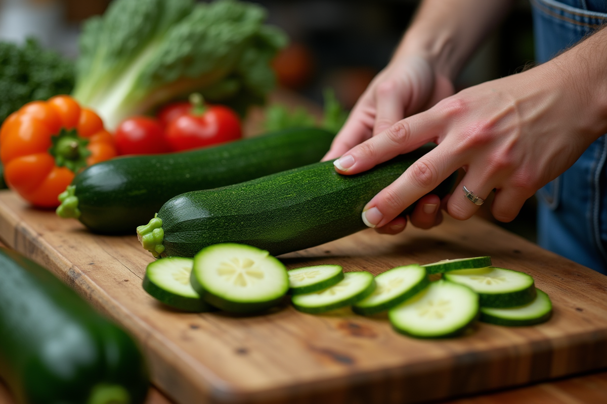 Mains coupant un zucchini frais sur une planche en bois