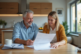 Couple d'adultes dans une cuisine moderne examinant des documents immobiliers