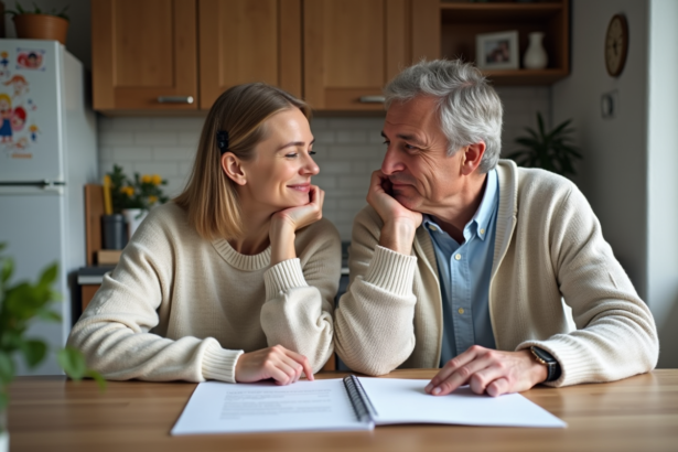 Couple d'adoptants dans la cuisine avec dossier d'adoption