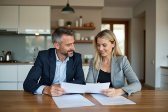 Couple d'adultes en cuisine moderne examinant des documents de prêt immobilier