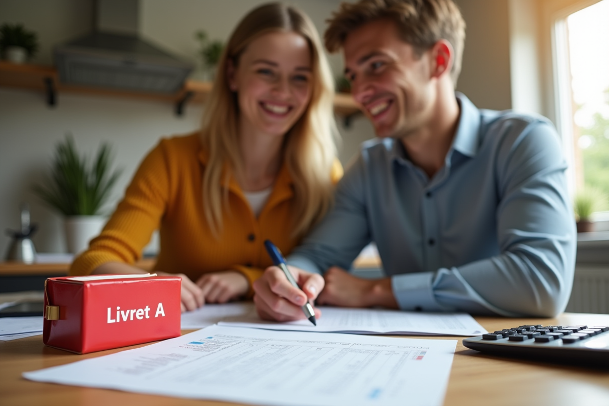 Jeune couple souriant en gestion financière à la maison
