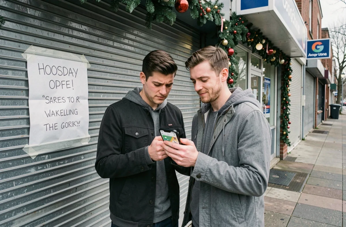 Couple devant une pharmacie fermée le 25 décembre consultant une fiche Google Maps incorrecte sur leur téléphone