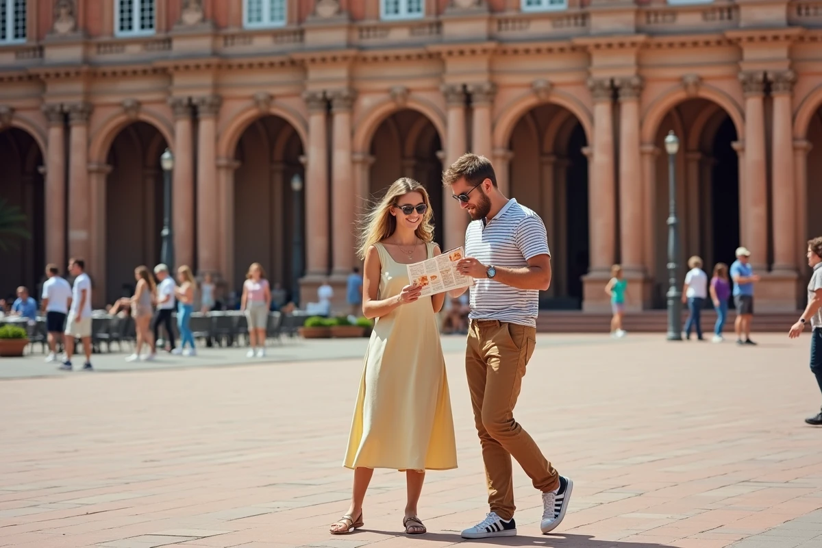 Couple de touristes devant la façade du Capitole de Toulouse consultant un guide de promenade à pied