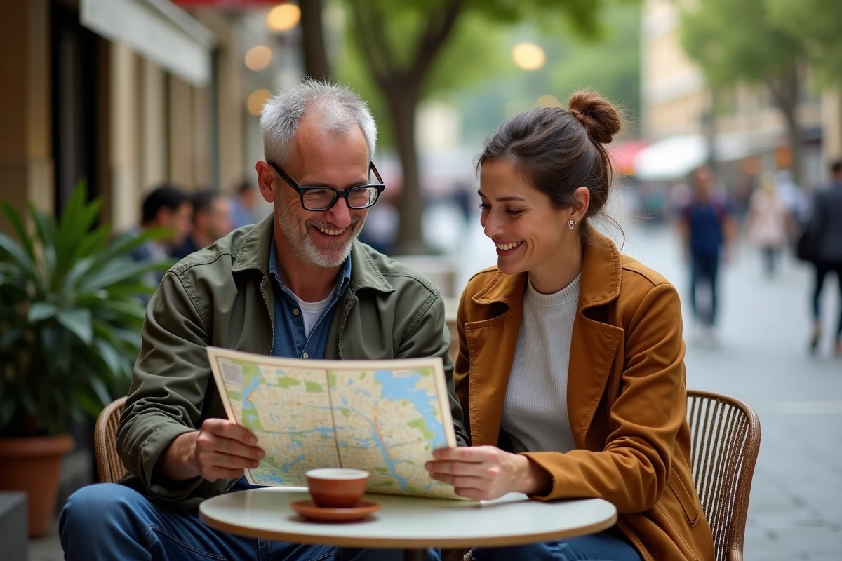 Couple étudiant un plan des quartiers de Marseille attablé en terrasse de café sur un boulevard animé