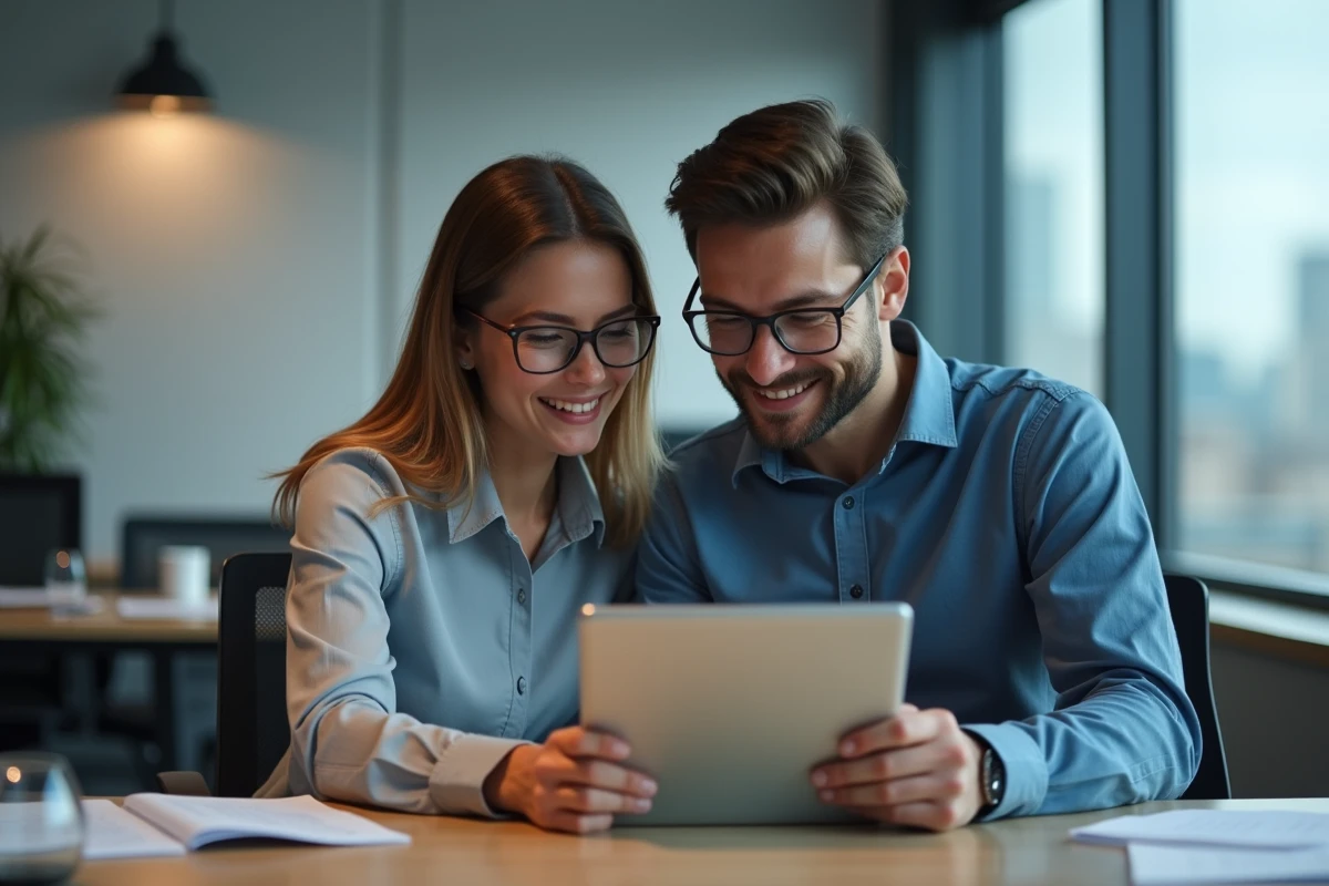 Jeune couple consulte une tablette dans un bureau moderne