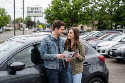 Jeune couple regardant une brochure auto devant une voiture