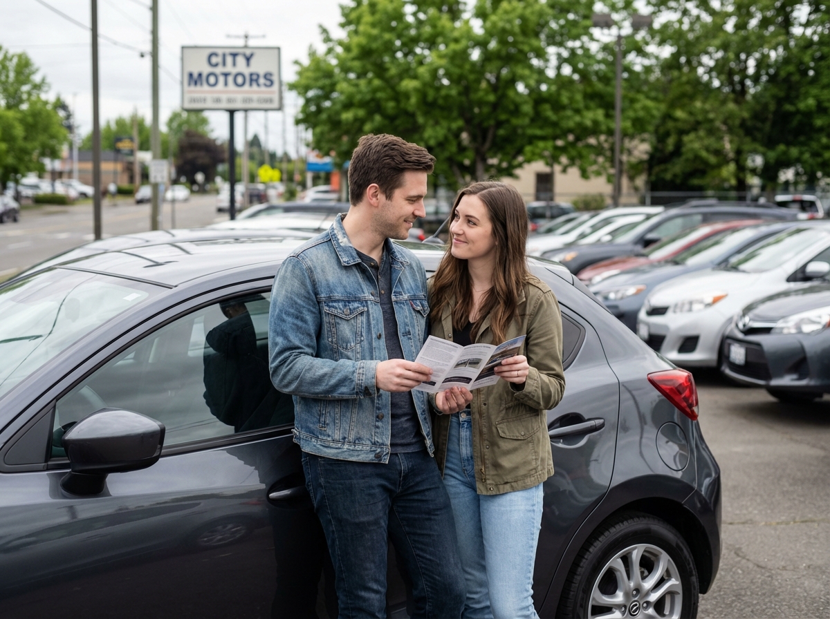 Jeune couple regardant une brochure auto devant une voiture