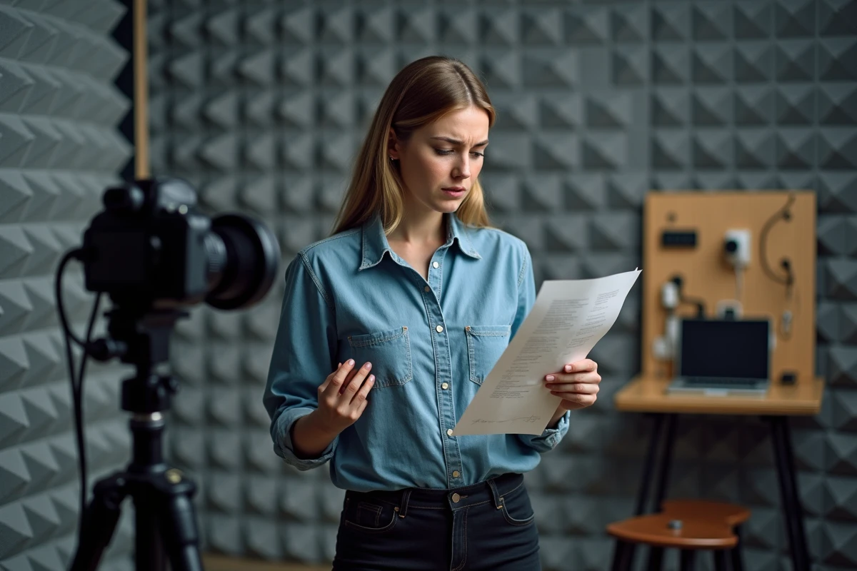 Créatrice de contenu relisant un script devant sa caméra dans un studio d'enregistrement maison, illustrant les erreurs fréquentes des YouTubeurs débutants