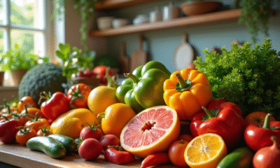 Plan de dessus d'une cuisine colorée avec fruits et légumes