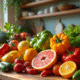 Plan de dessus d'une cuisine colorée avec fruits et légumes