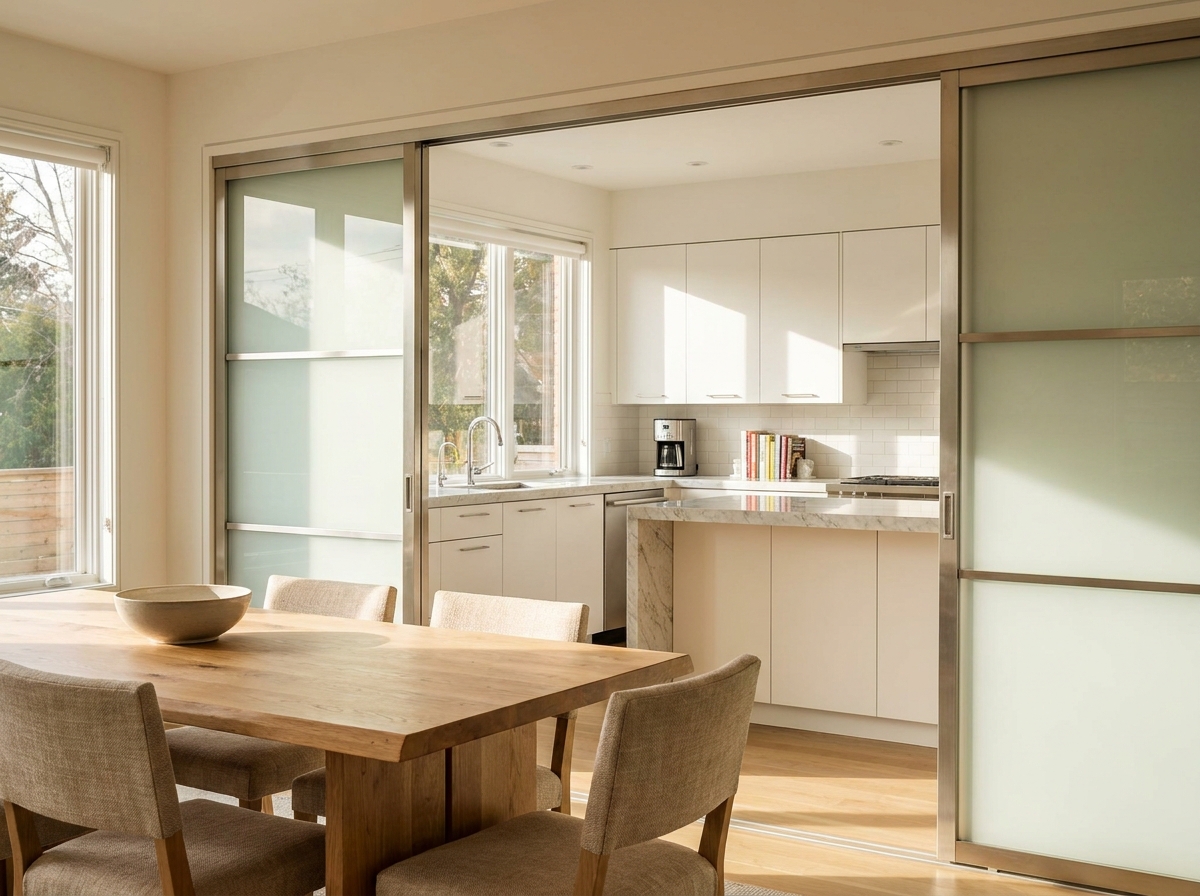 Cuisine ouverte reliée à une salle à manger par une porte coulissante en verre dépoli et transparent