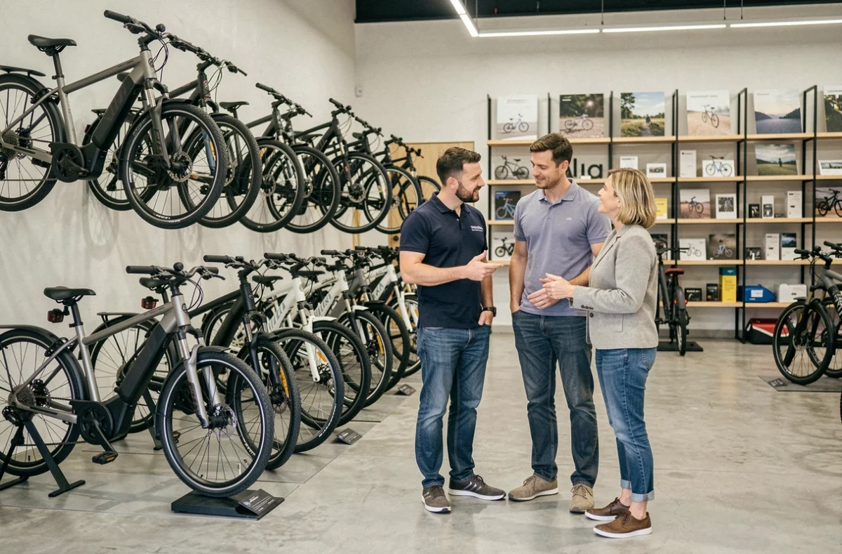 Intérieur du magasin Cycles SH à Montpellier avec un vendeur présentant des vélos électriques à des clients