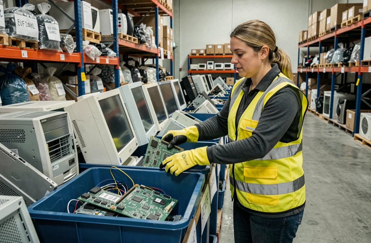 Technicienne de D3Epaca triant des déchets électroniques dans un entrepôt de collecte spécialisée