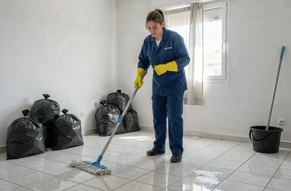 Agente de Db Service Entretien nettoyant une pièce après débarras dans un appartement à Aubagne