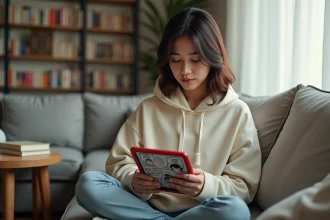 Jeune femme débutante lisant des scans manga sur une tablette dans un salon cosy, illustration de la plateforme Crunchyscan fr