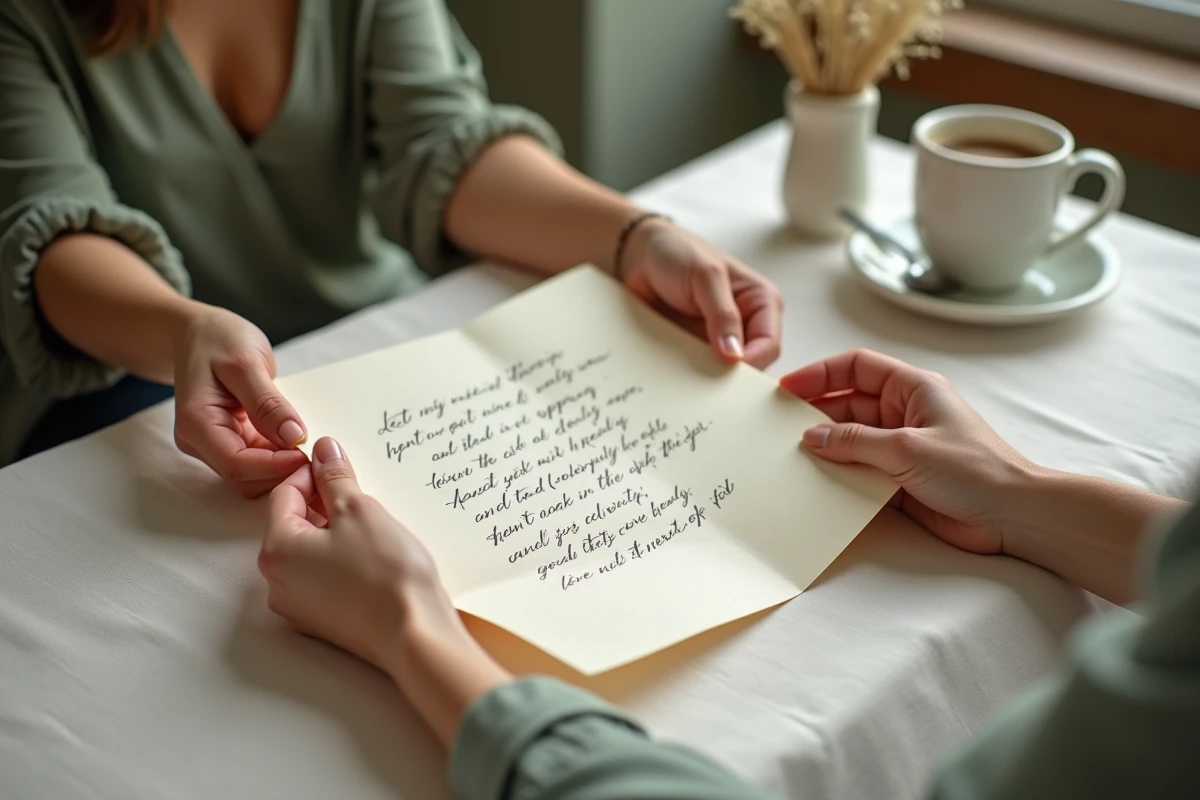 Deux mains tenant ensemble une lettre d'amour écrite à la main sur une nappe blanche, poème manuscrit visible en transparence dans un café chaleureux