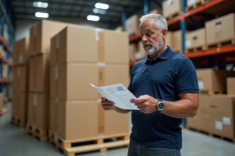 Professionnel de la logistique comparant des devis pour l'expédition de gros colis dans un entrepôt industriel