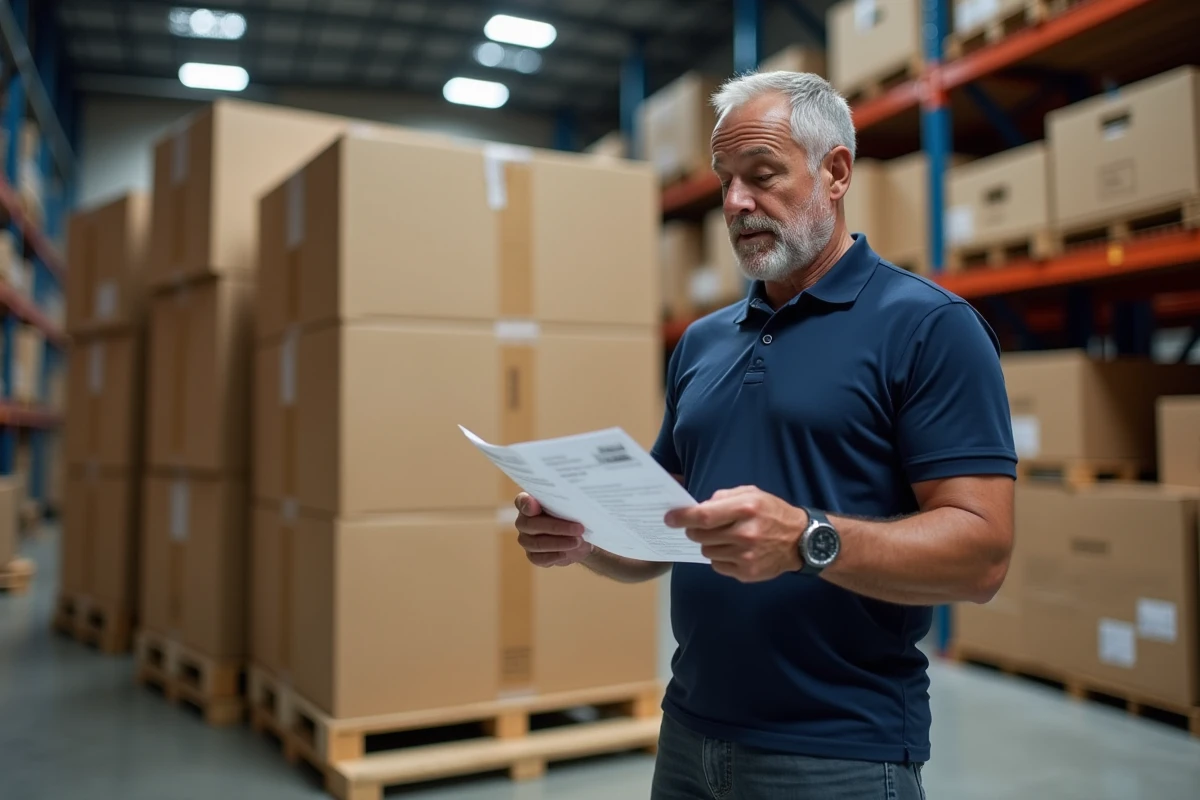 Professionnel de la logistique comparant des devis pour l'expédition de gros colis dans un entrepôt industriel