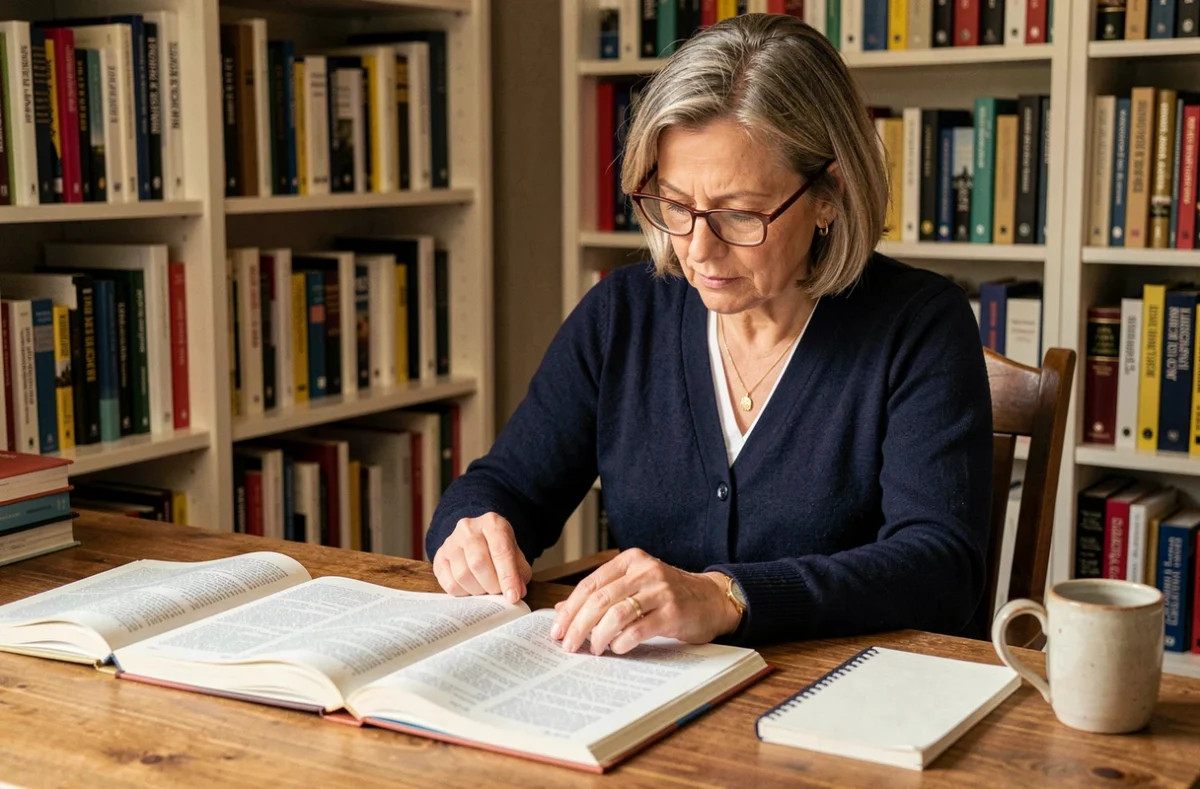 Femme comparant les mots s'amenuiser et diminuer dans un dictionnaire français posé sur un bureau en bois entouré de livres de grammaire