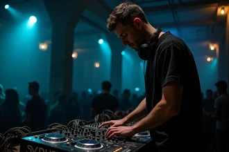 DJ masculin en studio techno underground réglant un synthétiseur modulaire, ambiance industrielle béton brut, câbles de patch colorés au premier plan