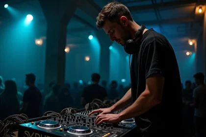 DJ masculin en studio techno underground réglant un synthétiseur modulaire, ambiance industrielle béton brut, câbles de patch colorés au premier plan