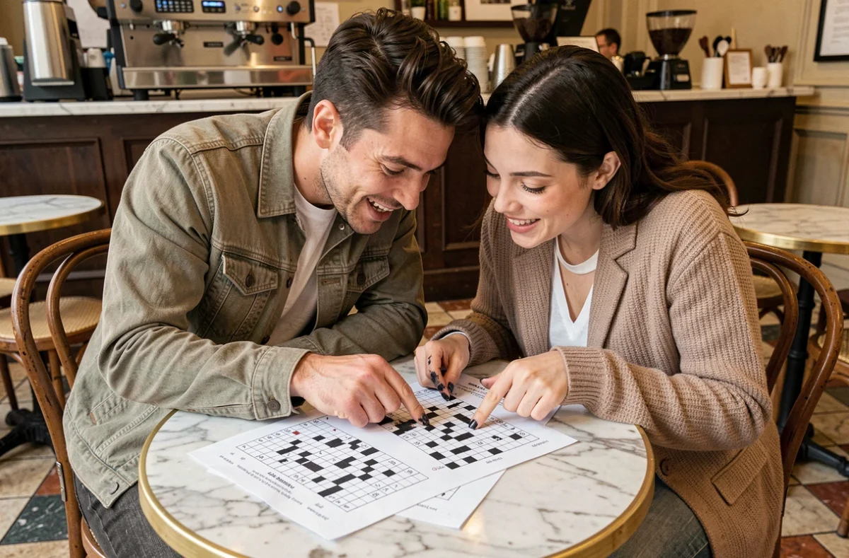 Deux amis collaborant sur une grille de mots croisés dans un café parisien pour trouver un mot de 4 lettres