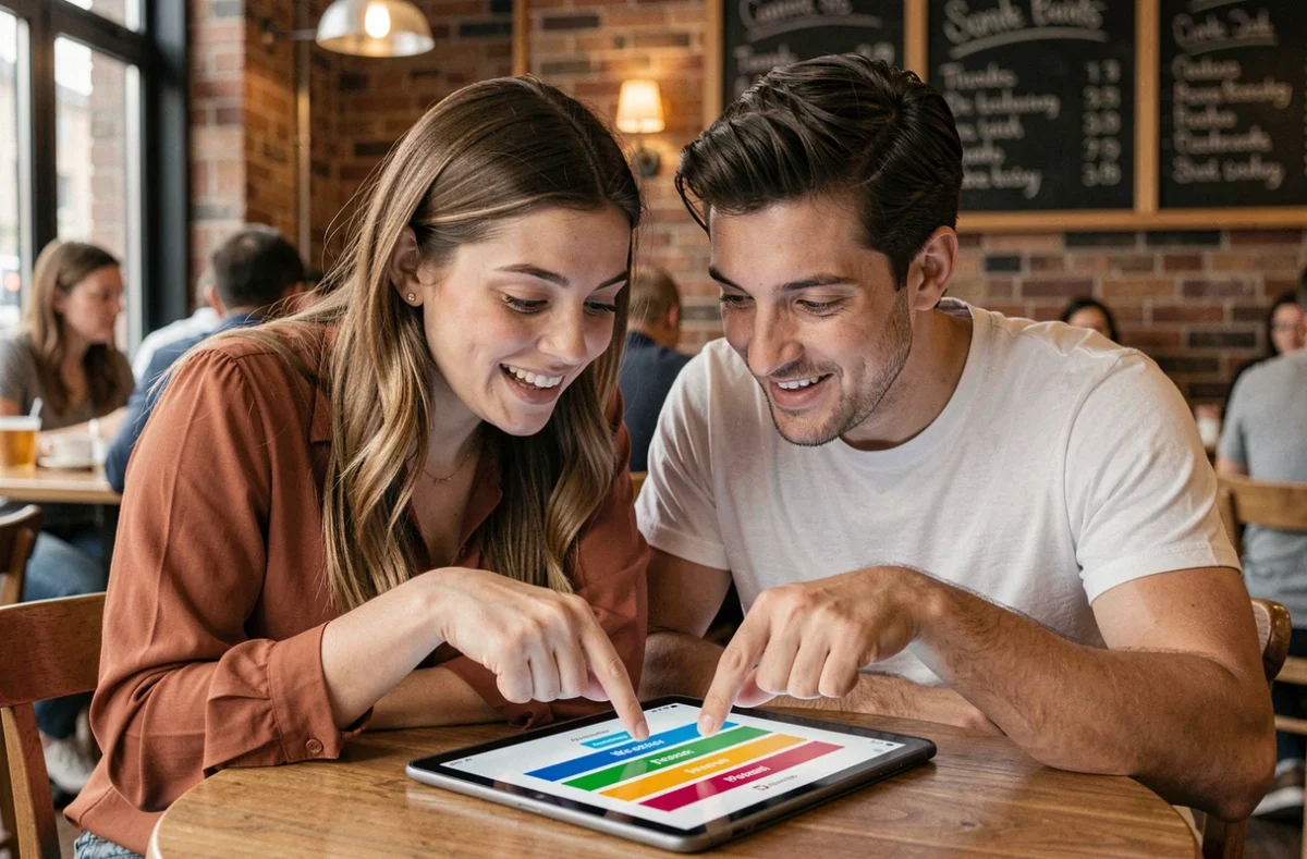 Deux personnes découvrant ensemble les scores de proximité sémantique du jeu Cemantix dans un café