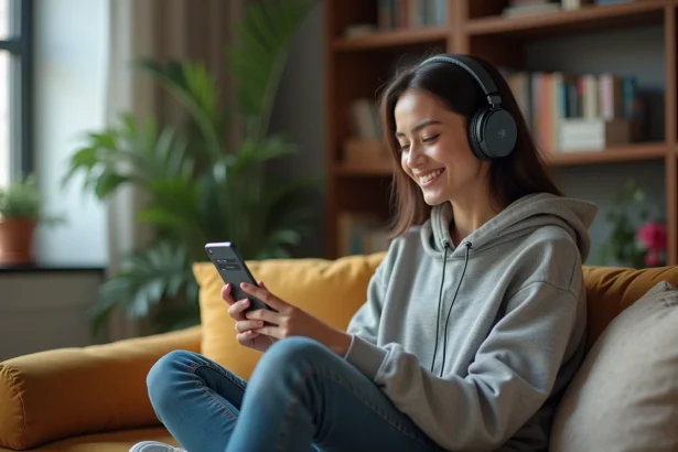 Jeune femme écoutant une radio en streaming sur smartphone avec un casque audio dans un appartement moderne