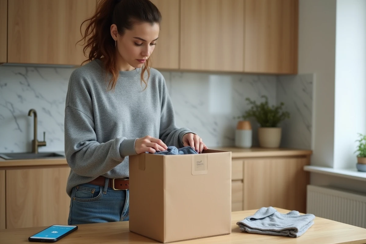 Femme emballant un colis vêtement dans une boîte carton pour un envoi Vinted Go en point relais