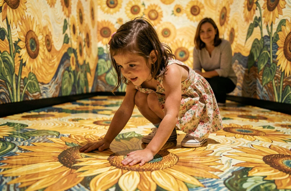 Enfant touchant le sol d'une exposition immersive Van Gogh avec des projections de tournesols animés
