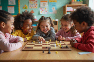 Groupe d'enfants jouant à un jeu de société en classe colorée