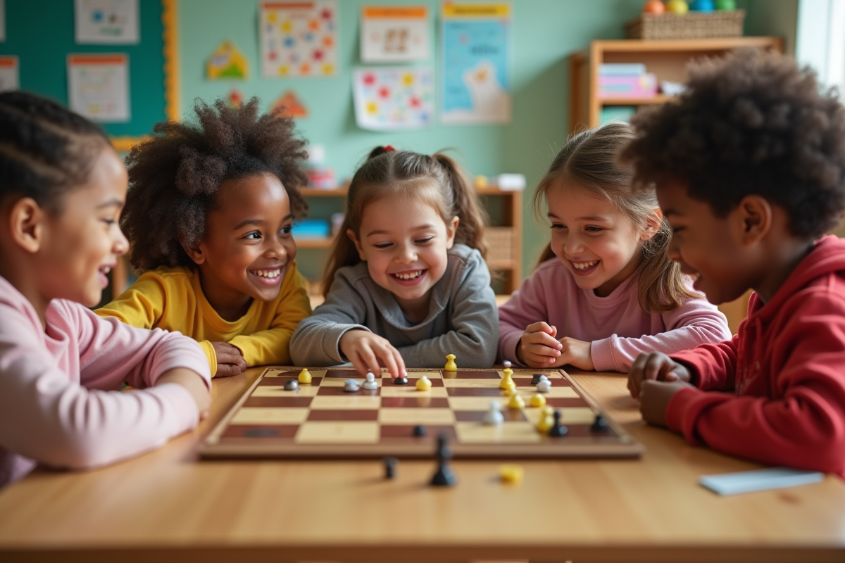 Groupe d'enfants jouant à un jeu de société en classe colorée