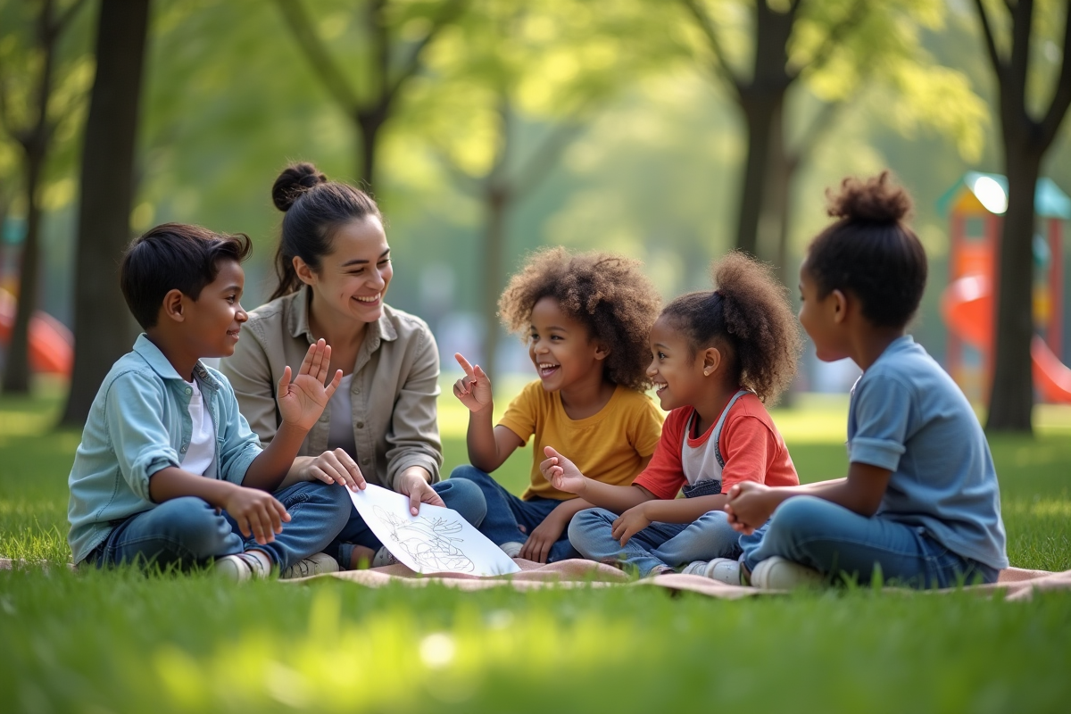 Enfants de différentes origines dans un parc public en pleine activité