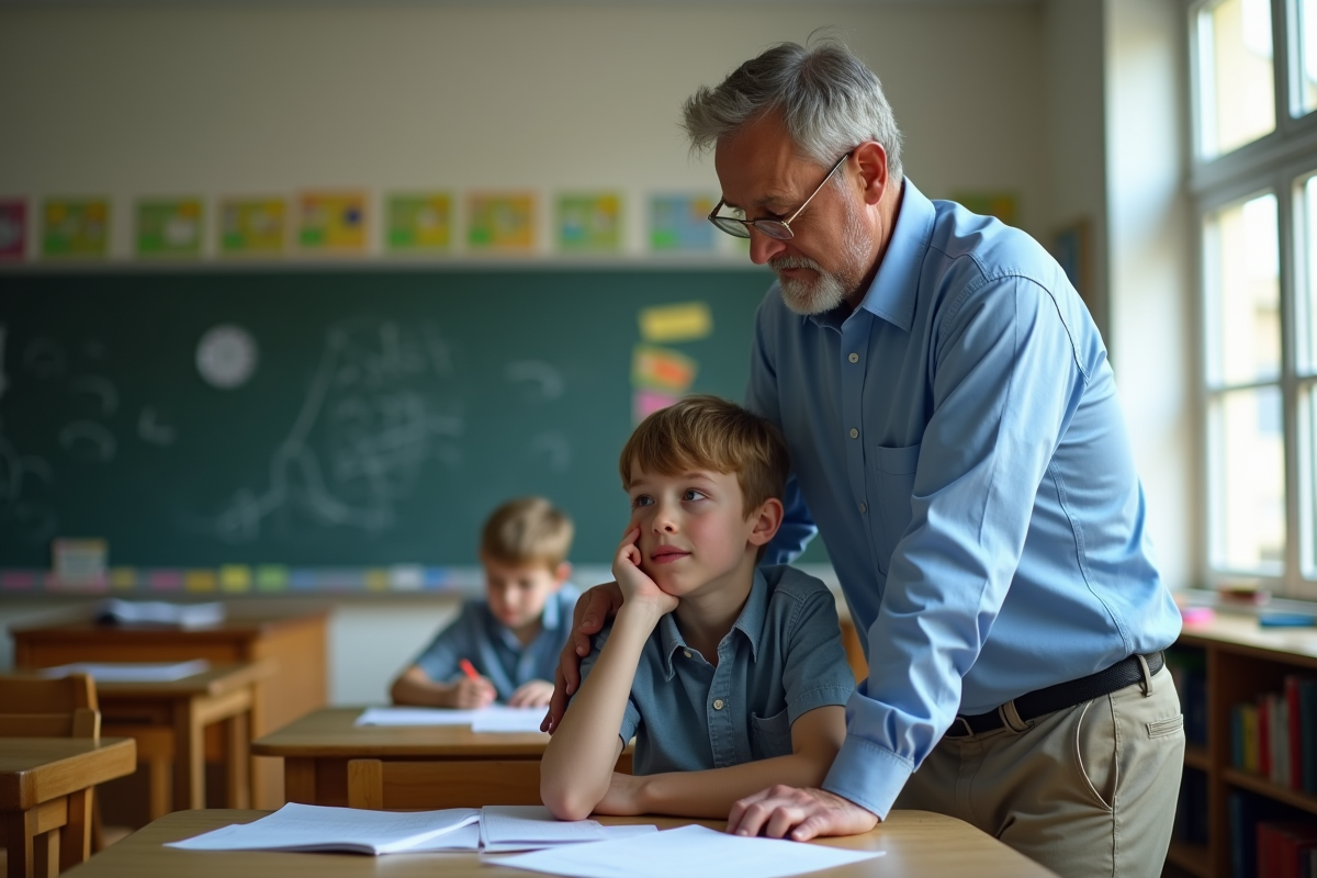 Enseignant réconfortant un garçon en classe avec tableau en arrière-plan