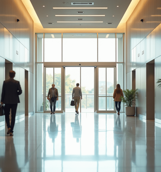 Entrée lumineuse d'un lobby moderne avec portes automatiques