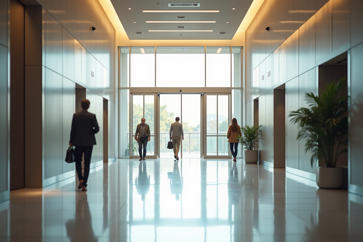 Entrée lumineuse d'un lobby moderne avec portes automatiques