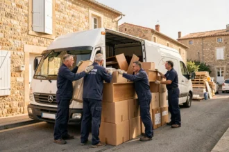 Équipe professionnelle de débarras chargeant des meubles devant un immeuble provençal dans les Bouches-du-Rhône