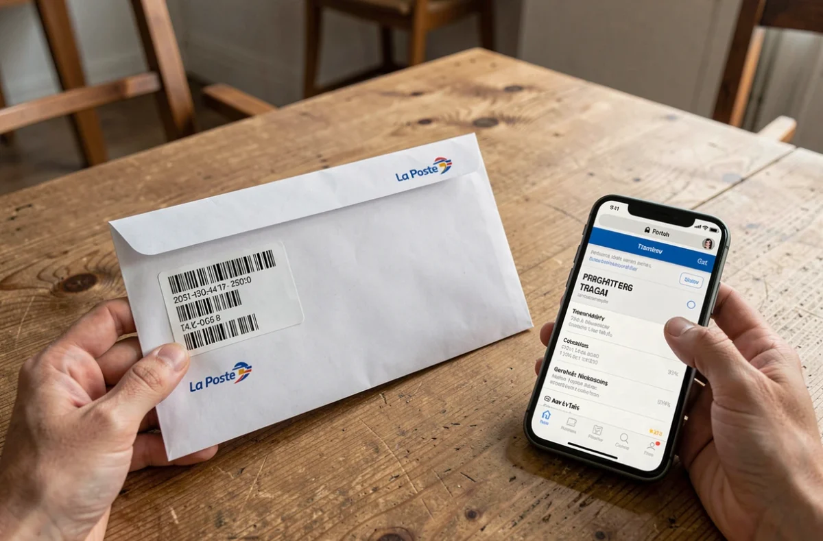 Enveloppe avec lettre suivie et suivi en ligne sur smartphone posés sur une table en bois