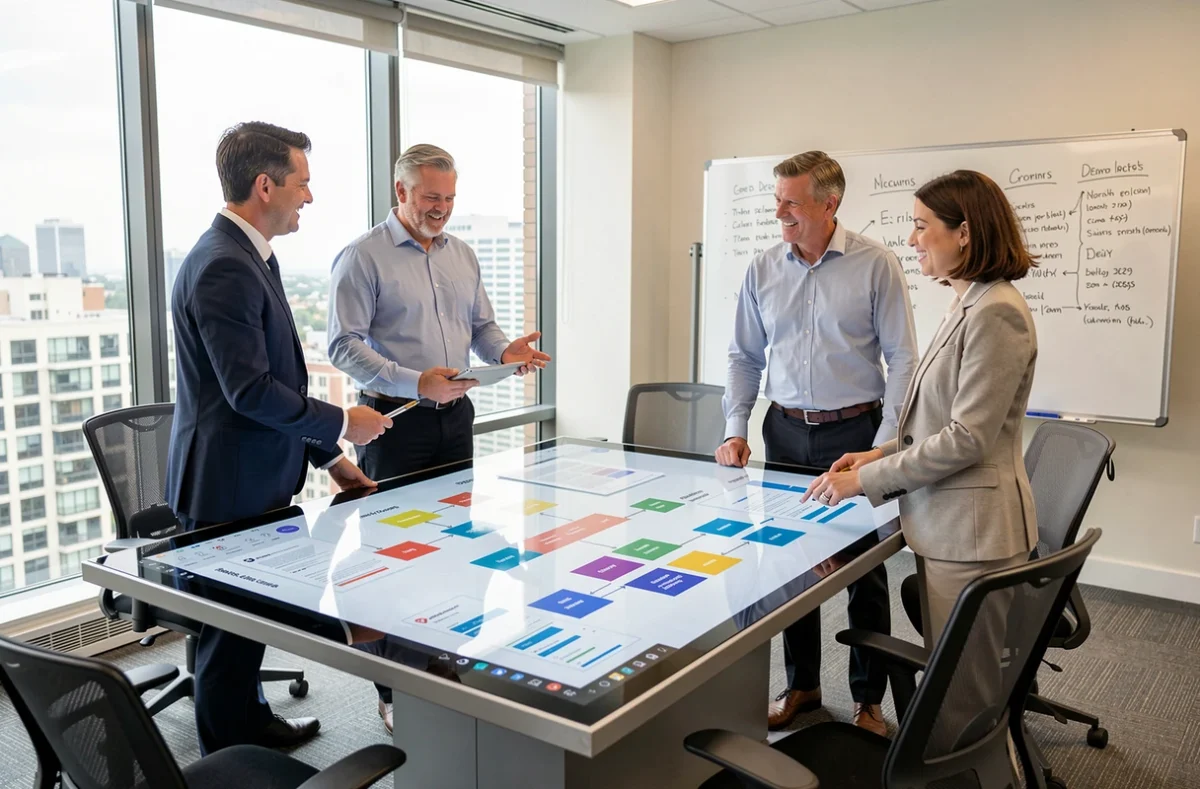Équipe de professionnels collaborant autour d'une table interactive affichant des schémas de digitalisation de processus