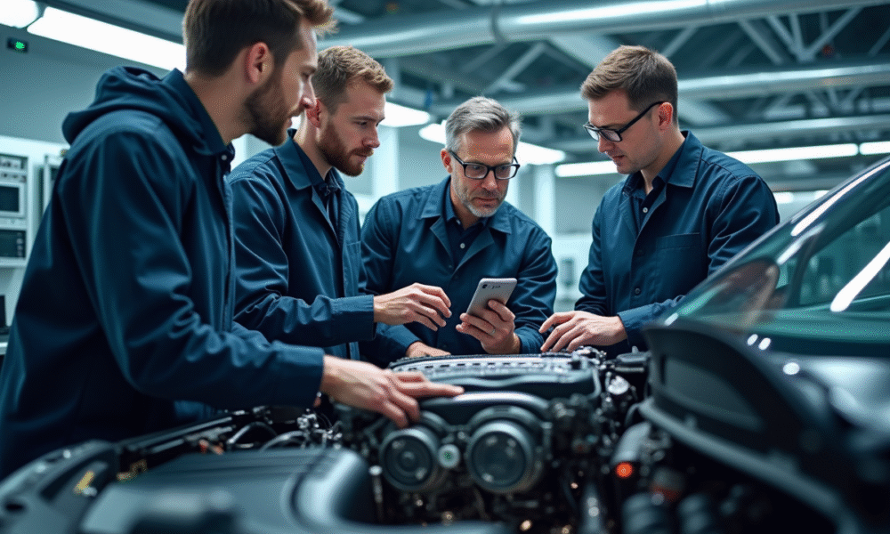 Équipe d'ingénieurs automobiles en laboratoire moderne