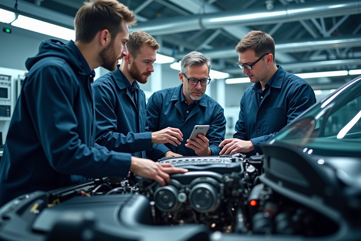 Équipe d'ingénieurs automobiles en laboratoire moderne
