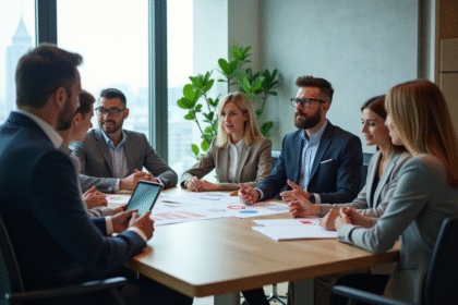 Groupe de professionnels en réunion dans un bureau lumineux