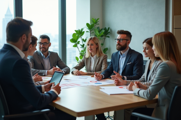Groupe de professionnels en réunion dans un bureau lumineux