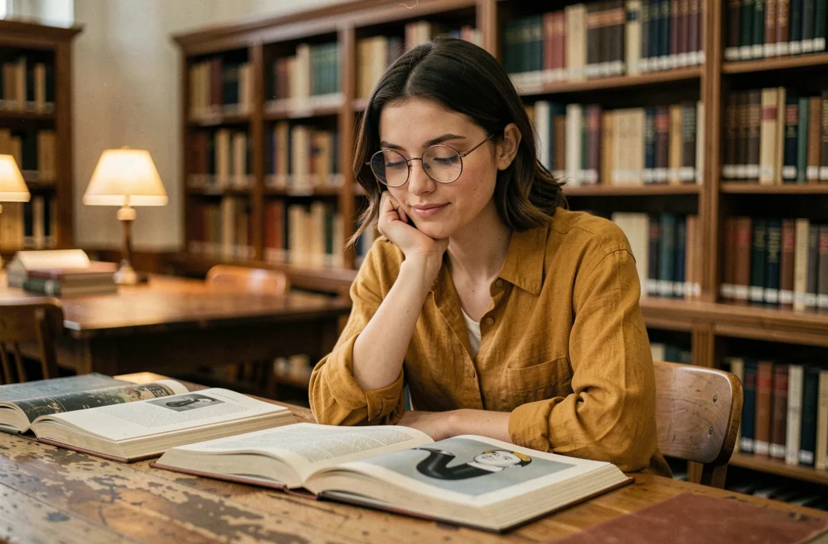 Jeune femme étudiant Ceci n'est pas une pipe de Magritte dans une bibliothèque universitaire