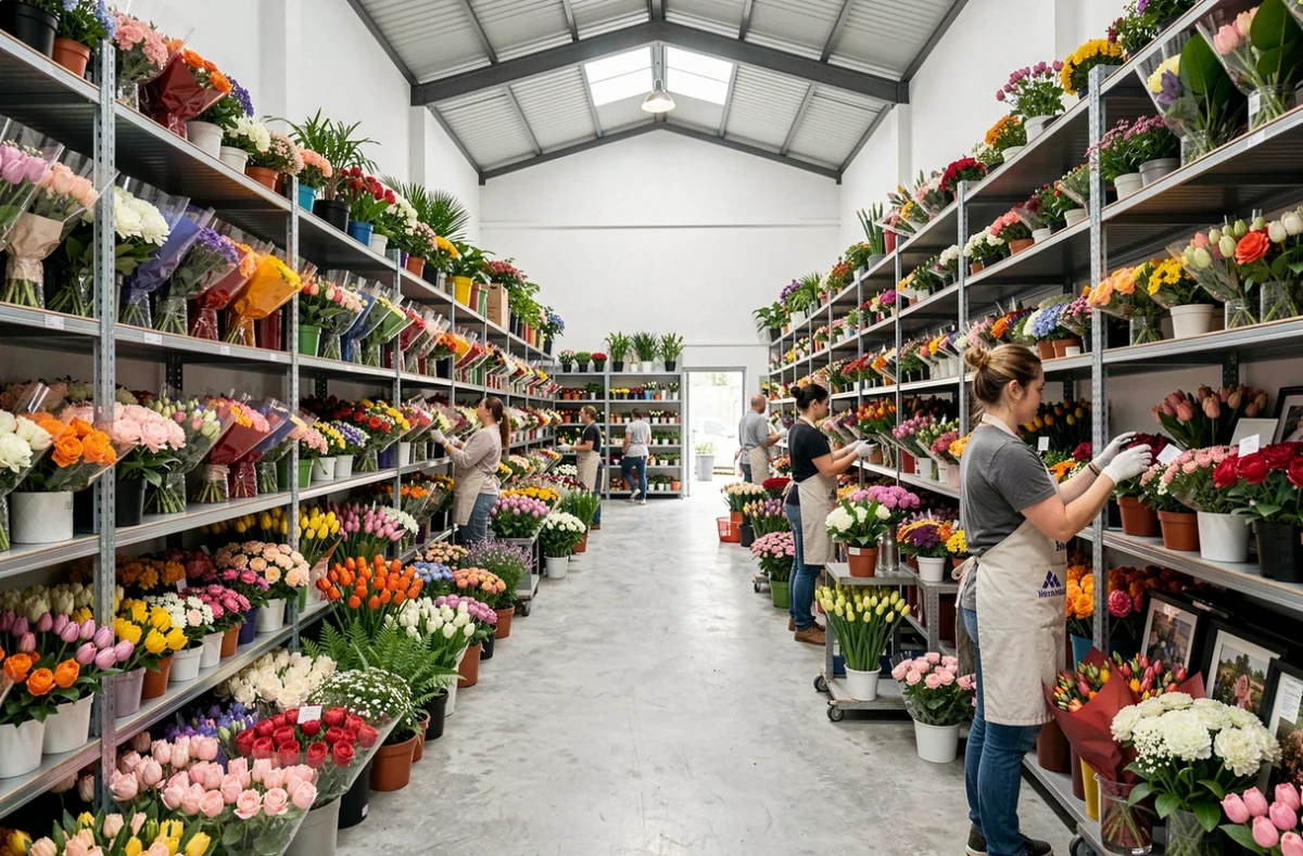 Europe Fleurs dans le Pas-de-Calais, grande boutique fleuriste commerciale avec rangées de bouquets et fleuristes en tablier