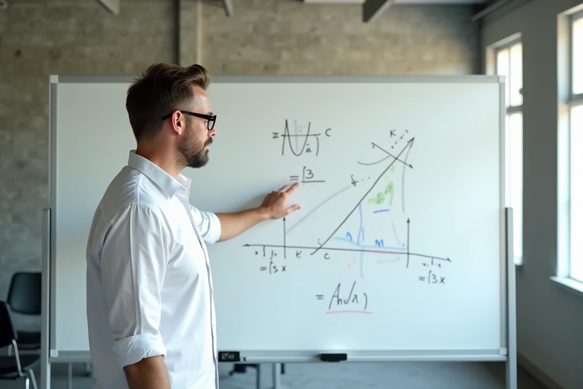 Homme expliquant la méthode de conversion d'angles en pourcentage de pente sur un tableau blanc