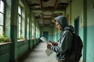 Explorateur urbain dans le couloir d'un hôpital psychiatrique abandonné vérifiant l'accessibilité du lieu sur son smartphone