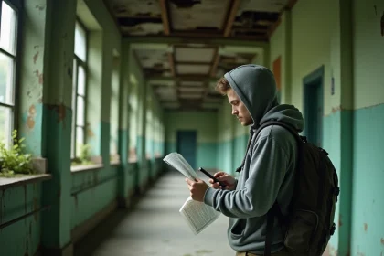 Explorateur urbain dans le couloir d'un hôpital psychiatrique abandonné vérifiant l'accessibilité du lieu sur son smartphone