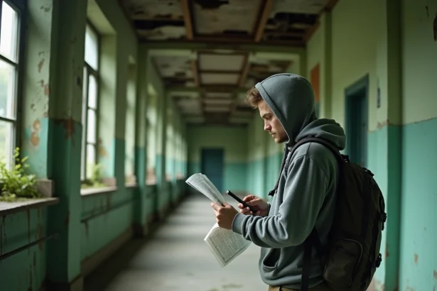 Explorateur urbain dans le couloir d'un hôpital psychiatrique abandonné vérifiant l'accessibilité du lieu sur son smartphone