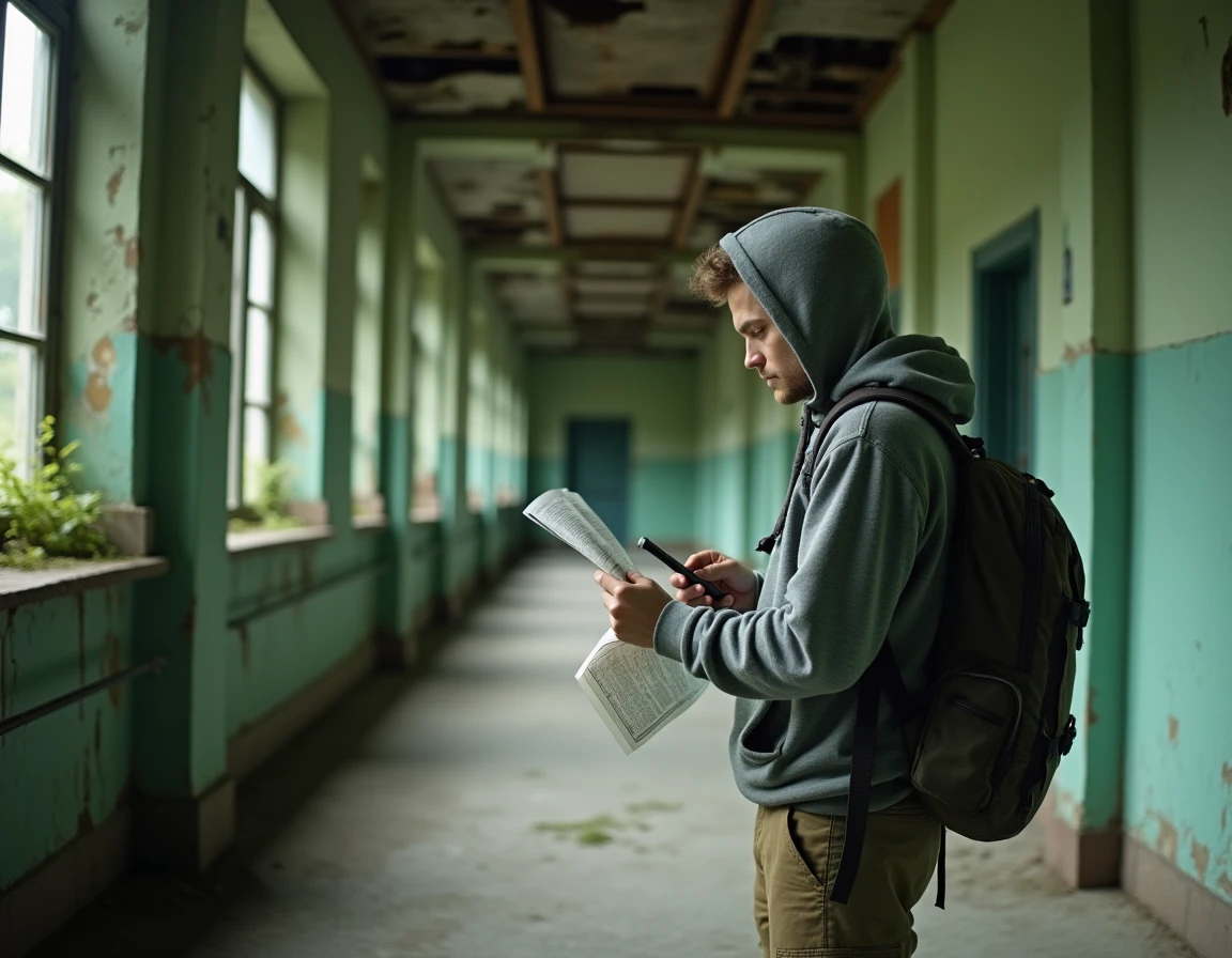 Explorateur urbain dans le couloir d'un hôpital psychiatrique abandonné vérifiant l'accessibilité du lieu sur son smartphone